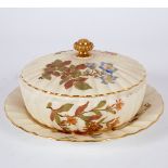 A Royal Worcester shallow circular dish, cover and stand, 1890, painted with flower sprays,