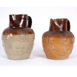 Two brown glazed stoneware hunting jugs, circa 1830,