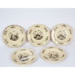 Five Liverpool printed creamware flowerhead moulded plates, circa 1780,