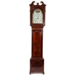 A George III mahogany longcase clock, circa 1800, 14-inch painted dial with gilt corners,