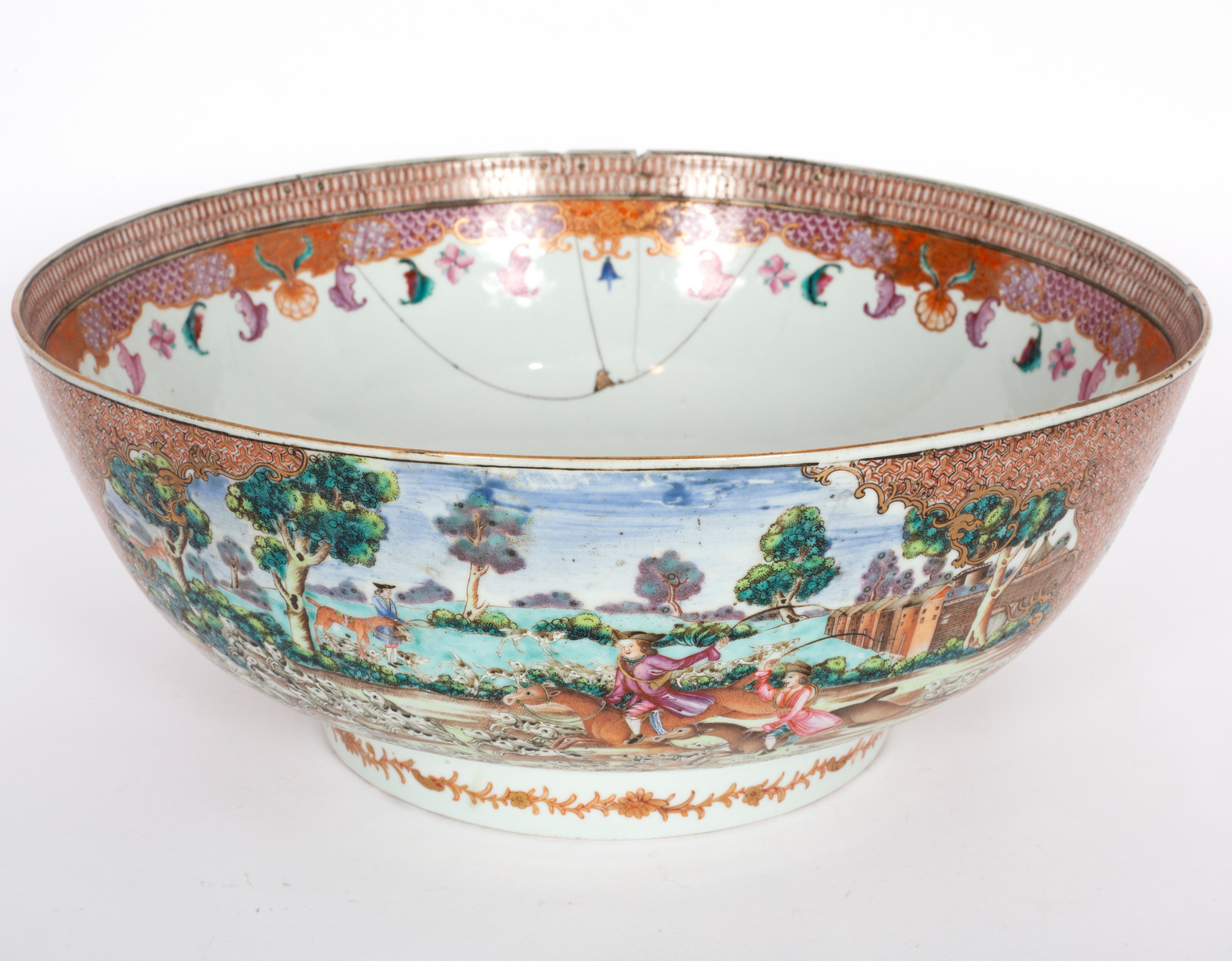 A Chinese famille rose hunting subject punch bowl, Qianlong, painted with a European hunting scene, - Image 3 of 9