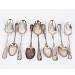 Nine 18th Century silver dessert spoons, three with rat-tail bowls, London 1718,