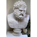 A large plaster bust of a Classical male, on socle base,