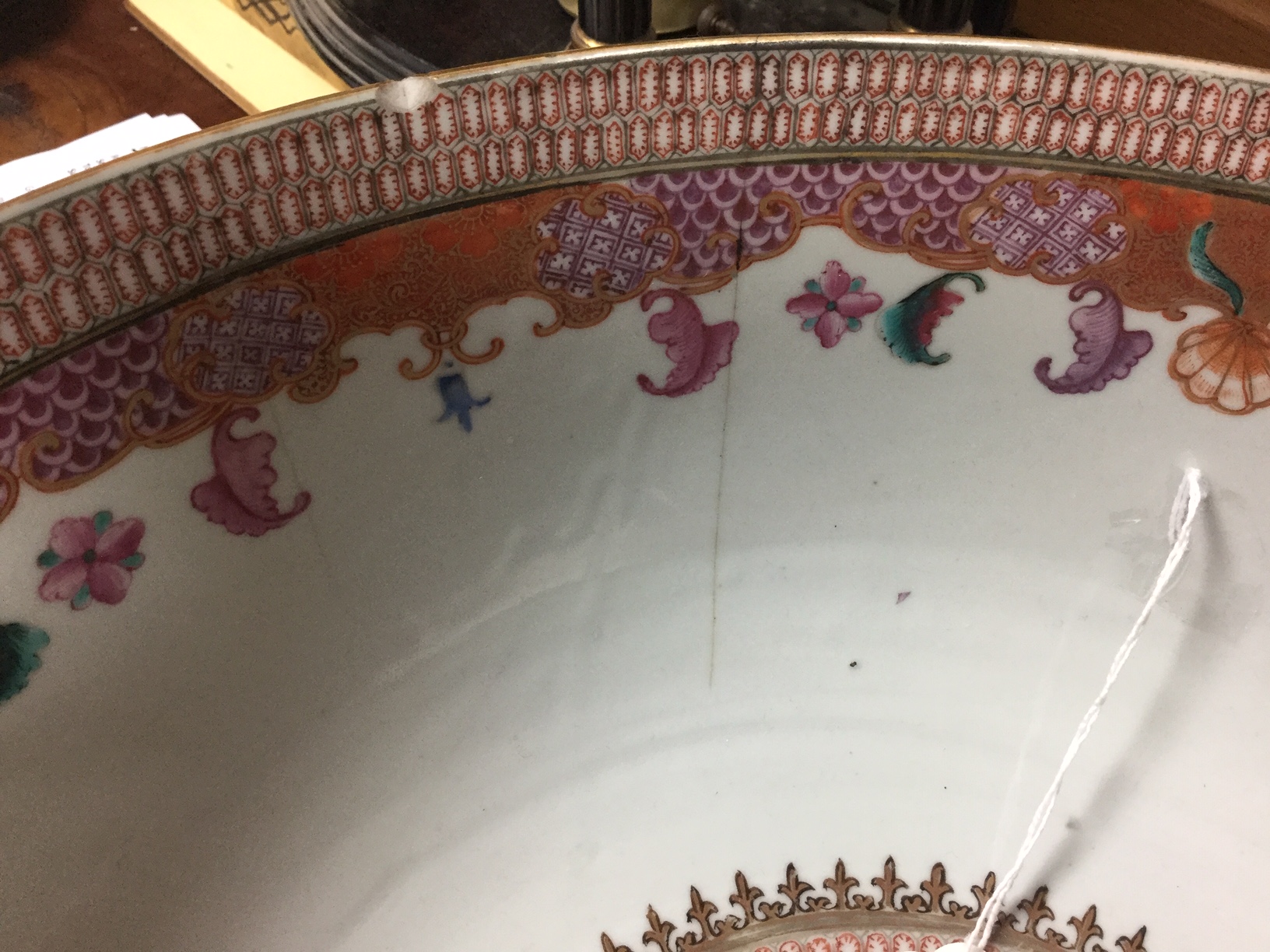 A Chinese famille rose hunting subject punch bowl, Qianlong, painted with a European hunting scene, - Image 7 of 9
