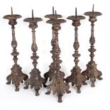 A set of six plated altar candlesticks, with triform bases,
