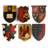 A set of six painted armorial shields to include examples for Corpus Christi College, Cambridge,