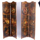 A pair of two-panelled screens, painted on leather with rural pursuits,