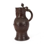 A pewter mounted German stoneware jug, perhaps Bunzlau, mid 17th Century,