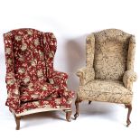 A walnut wing armchair, in Queen Anne style, on cabriole legs with pad feet; and another similar,