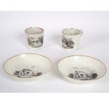 Two English porcelain printed cans and saucers, circa 1800, possibly Pinxton, the cans 6.