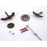 A German WWII Der Deutsche Automobile Club car badge, two trench art planes,