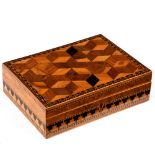 A 19th Century parquetry inlaid box, in specimen woods with cube design, 20.