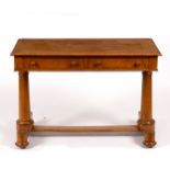 A Victorian satin walnut table fitted two drawers on end supports,