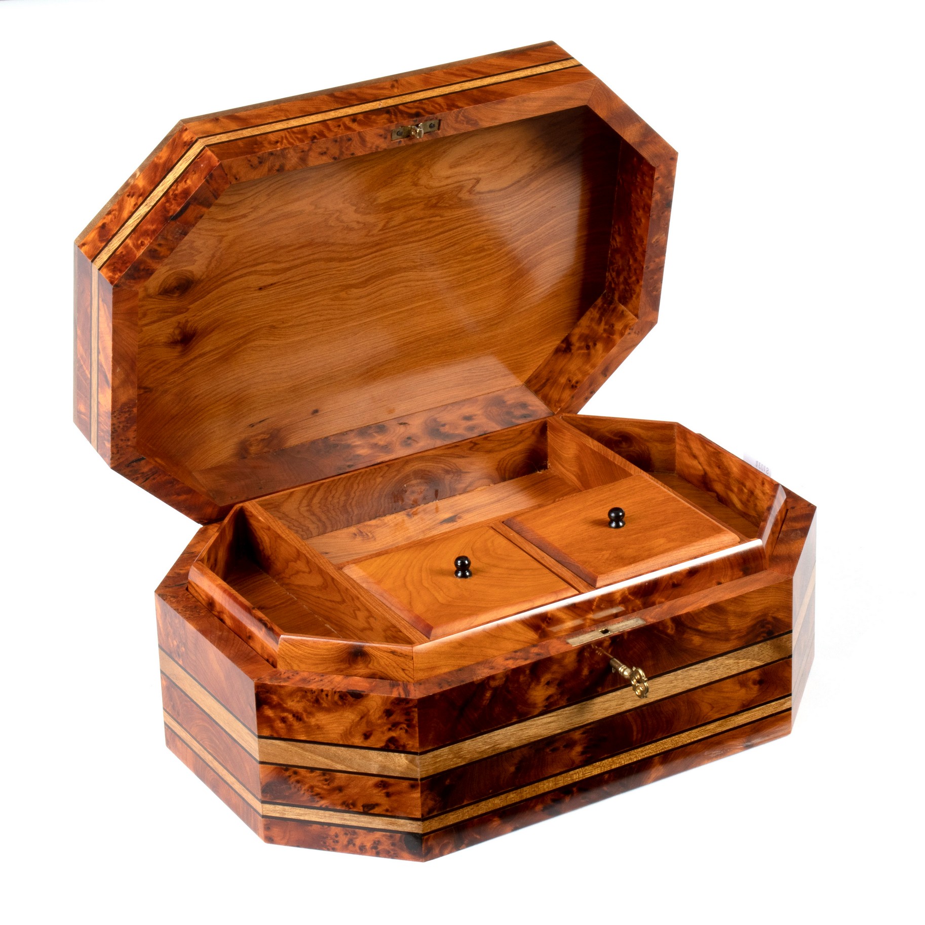 A finely inlaid box, of canted rectangular shape fitted two lift-out trays, - Image 3 of 10