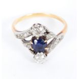 A sapphire and diamond dress ring with split shoulders,