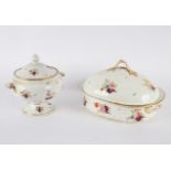 A Derby porcelain warming dish with liner and cover, 44cm wide and a footed tureen and cover,