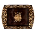 An early 19th Century brass inlaid tray, with central armorial, motto and crests,
