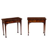 An Edwardian tea table and matching card table, each with fold over top on square tapering legs,