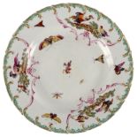 A Chelsea (Gold Anchor) scroll moulded plate painted with cartouches of birds and insects,