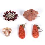 A pair of carved coral and pearl ear pendants, 4cm long, a carved coral brooch,