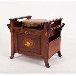 An Edwardian inlaid piano stool with box base on a circular adjustable seat,