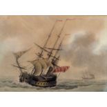Samuel Atkins (British 1760-1808)/Three Masted Man O' War in Rough Seas/watercolour, 12cm x 17.