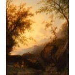 19th Century English School/Deer in a Mountainous Landscape/oil on oak panel, 29cm x 24.