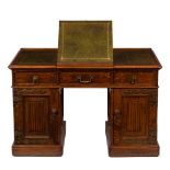 A Gothic revival oak desk with linen fold decoration to the plinths and one long drawer,