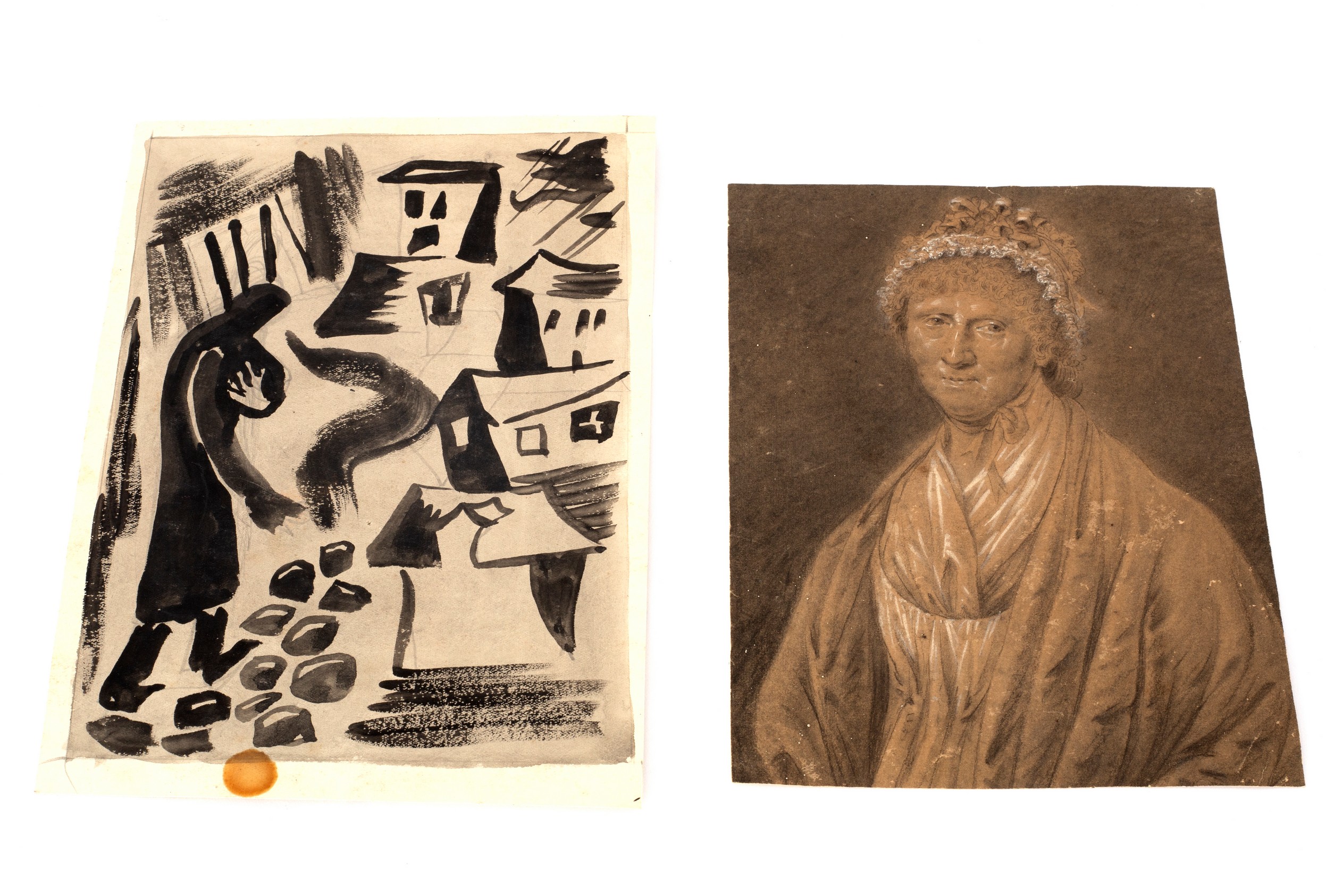 French School, 20th Century/Townscape/and an early 19th Century drawing of a lady, - Image 2 of 2