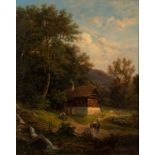 Gustav Barbarini (Austrian 1840-1909)/Figures by a House in an Alpine Landscape/signed and dated