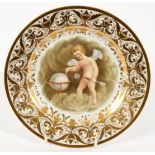 A Derby cabinet plate, circa 1815, painted Cupid surveying a terrestrial globe by Robert Brewer,