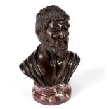 A bronze bust of a bearded man on a veined marble plinth, signed P Mormile,