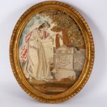 A Georgian oval needlework sampler of a woman placing flowers upon Shakespeare's grave,