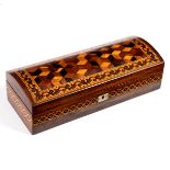 A Victorian inlaid glove box, the domed cover with cube inlay within a Tunbridge ware border,