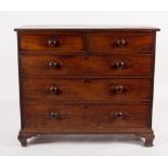 A George III mahogany chest of three long and two short drawers, on ogee bracket feet,