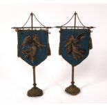 A pair of Victorian beadwork banners, depicting angels, on gilt metal stands, 55.