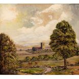 Albert Charles Ribbans (British 1903-1966)/Landscape with Church in the Distance/signed/oil on