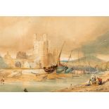 19th Century English School/Estuary with Castles, Figures and Boats on the Shore/watercolour,