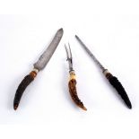 A three-piece carving set with antler handles, the knife blade by John Batt,