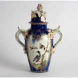 A Derby blue ground two-handled vase and cover circa 1760, painted to one side with birds,