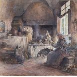 M Fowler/Italian Peasant and Child in a Kitchen/signed and dated 1884/watercolour,