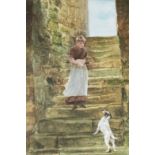 Arthur Wardle (1864-1949)/A Terrier and Young Woman on a stone stairway/signed/watercolour,