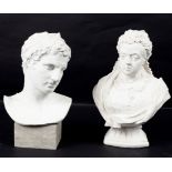 A plaster bust of a classical youth on wooden plinth,