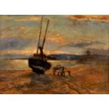 19th Century English School/Fishing Boat on the Foreshore/oil on board, 19cm x 26.