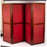 A mahogany framed four-panel folding screen set with damask panels, 181.