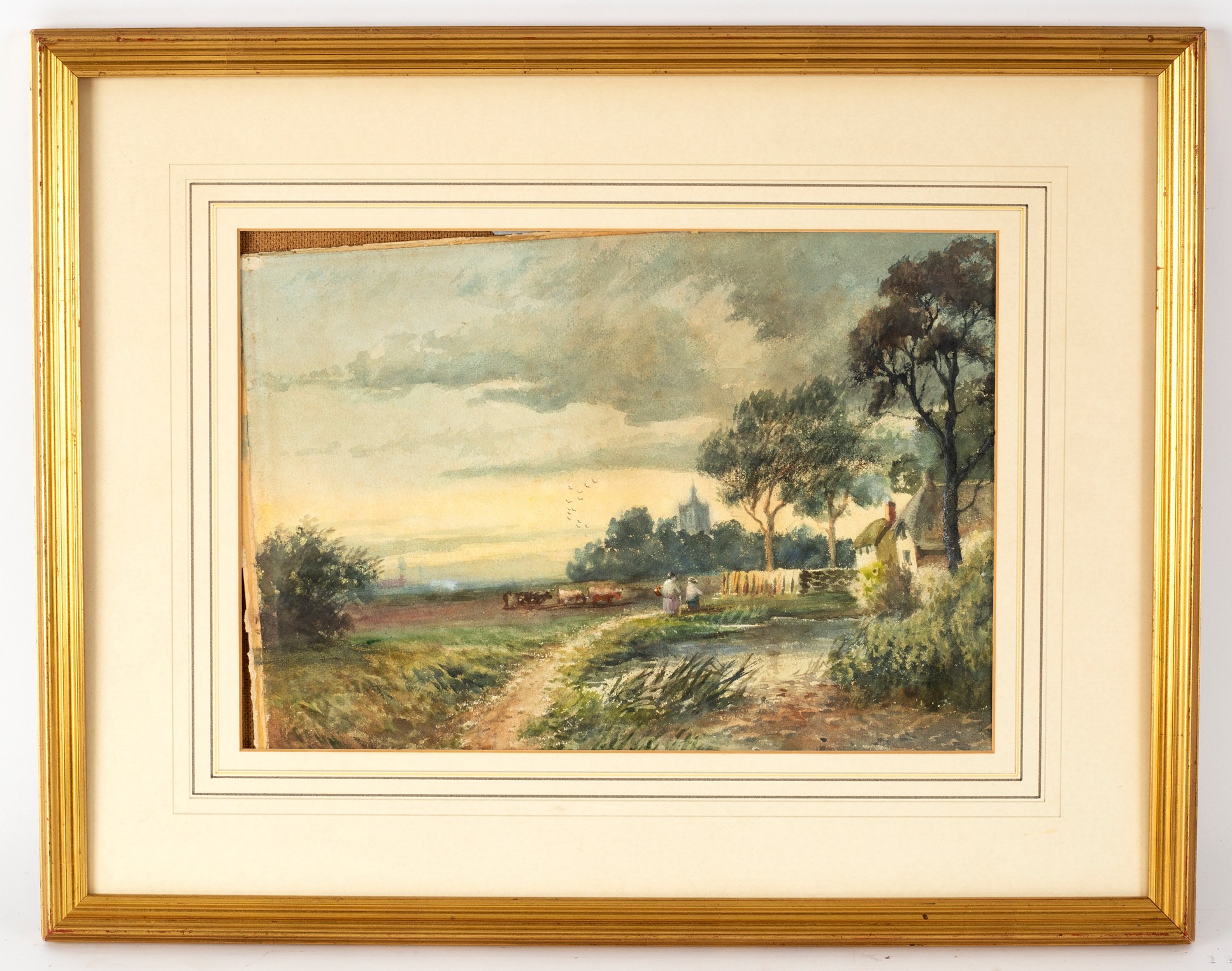 Manner of David Cox/Landscape with Figures and Church in Distance/bears signature/watercolour, - Image 4 of 4