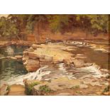 Doris M Tolley/Fishing on the Weir/signed and inscribed verso/oil on panel,