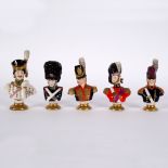 Five German porcelain soldier busts in dated costume,