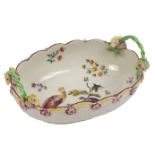 A Derby small oval basket, circa 1760, with solid side, painted to centre with birds,