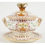 An English porcelain sauce tureen, cover and stand, possibly Derby,